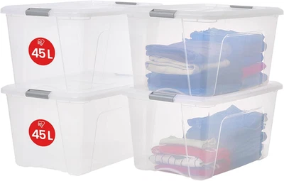 Scatole Portaoggetti in Plastica Con Coperchio, 45L, Lotto Di 4, Argento, Clip D - Immagine 1 di 4