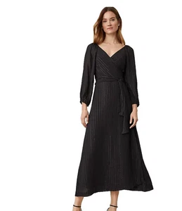 Ann Taylor 10 Metallic Streifen Midi Wickel Spaß schwarz mit Goldfaden gefüttert Kleid Neu mit Etikett - Bild 1 von 7
