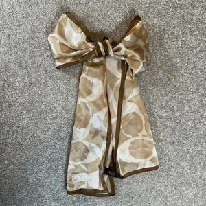 COACH Signature Silk Scarf Neutral Beige & Brown Logo Print Skinny Neck Tie - Picture 1 of 7