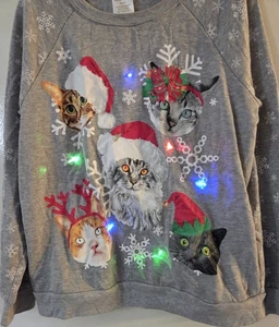 Freeze Sweatshirt Weihnachten Katzen beleuchtet Gr. Junior M 7/9 grau Schneeflocken - Bild 1 von 11