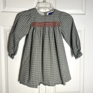 Maison Me Dress Girl 6Y Green Beige Plaid Homespun Cotton Smocked Cottagecore - Picture 1 of 7