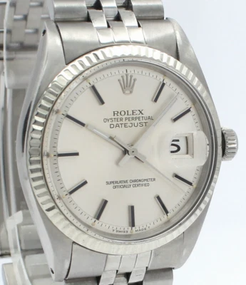 Men VINTAGE Rolex Oyster Perpetual Date Stainless Steel Silver Stick 36mm Watch - Image 1 of 4