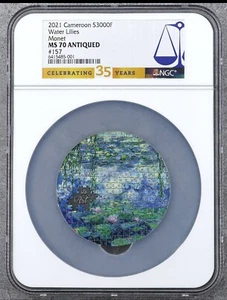 NGC MS70 2021 WATER LILIES Claude Monet So Puzzle Art 3oz Silver Coin Cameroon - Picture 1 of 3