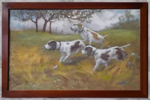 battuta caccia 3 cani setters orange nella radura tempera cartone cornice 55x85 - Foto 1 di 5