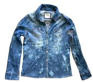 Justice Blue Jean Shirt Juniors Size 20 Button Up Rhinestones Bleach Washed - Picture 1 of 19