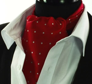 Crimson Red Polka Dot Cravat Ascot Tie Silk White Dotted Wedding Solid Scarf A44 - Picture 1 of 2