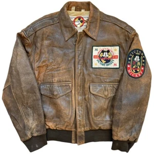 RARE Vintage 90s Disney Victory Mickey Mouse Brown Leather Bomber Pilot Jacket - Picture 1 of 7