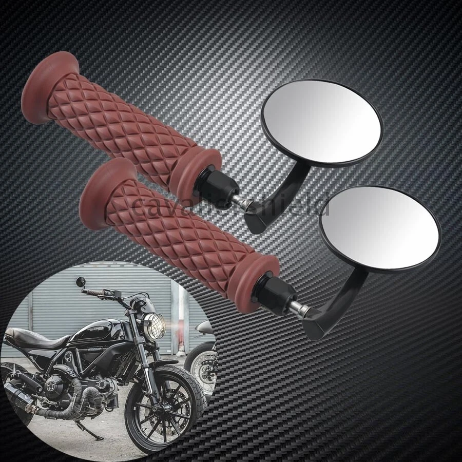 Pair 7/8" 22mm Motorcycle Handle Bar End Rearview Mirrors+Brown Rubber Hand Grip — 第 1/4 张图片