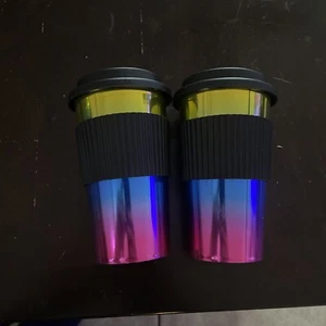 Lot - 2 - 18 Oz Rainbow Metallic Design Tumbler Cup With Lid & For Hot/Cold - Picture 1 of 4
