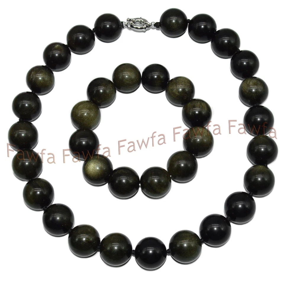 Enorme conjunto de brazalete collar cuentas piedras preciosas redondas ojo oro natural de 18 mm Foto 1 de 4