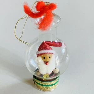 Vintage 60s MCM Handmade Wooden Santa in Corked Clear Glass Christmas Ornament - Picture 1 of 8