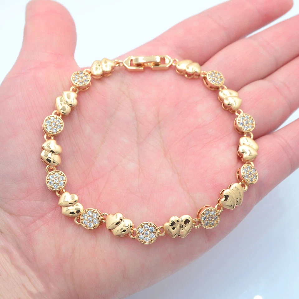 18K Yellow Gold Filled Women Laser Engraved Hearts Charm Bracelet Jewelry Gifts - Image 1 of 1