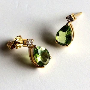 14K Yellow Gold Enchanting Summer Earrings | Natural Peridot & CZ EL GRECO - Picture 1 of 8