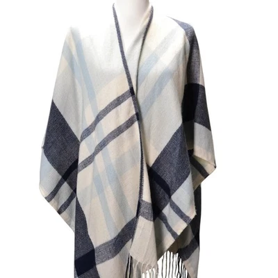 Banana Republic One Size Blue White Plaid Ruana Wrap Poncho Cape Cover Up - Image 1 of 4