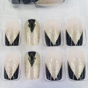 24tlg Press On Nails Set kurz eckig Form schwarz creme gold Glitzer + Kleber & Feile - Bild 1 von 6