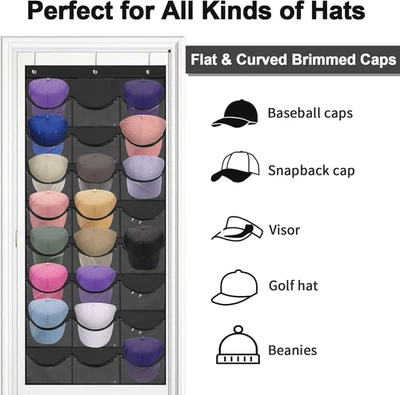Hat Rack for Baseball Caps, 24 Pocket Over the Door Hat Organizer with 3 Hooks, - Image 1 of 4
