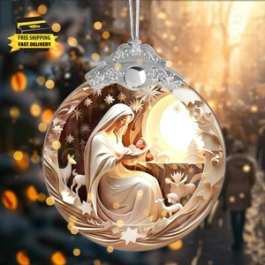 Christmas Ornament, White Nativity Design, Religious Christmas Ornament, Hanging - Picture 1 of 8