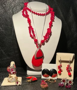 Konvolut roter Schmuck teils Sterling, Ringe, Broschen, Halsketten, Ohrringe.   Alles Rot. - Bild 1 von 15