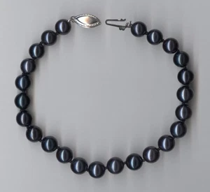 New 14K Solid White Gold 7.5" 7mm Bead Black Pearl Strand Bracelet ~ib - Picture 1 of 1