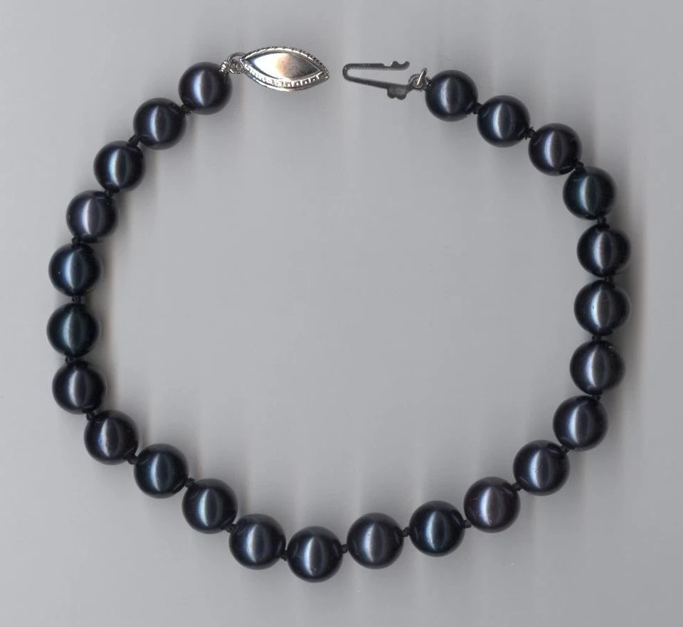 Nuevo Brazalete de Oro Blanco Sólido 14K 7.5" 7mm Cuentas Perlas Negras ~ib Foto 1 de 1