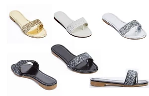 Ladies Glitter Encrusted Thong Slider Sandals in Black, White, Silver Or Gold - Imagen 1 de 7