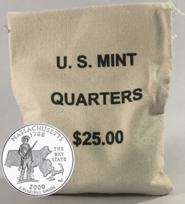 2000 D Massachusetts Unopened State Quarter Bag $25 (100 Coin) US Mint "BU"! - Image 1 of 2