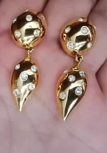 Vintage Liz Claiborne Couture Rhinestone Gold Cabochon Dangle Earrings Pierced - Picture 1 of 2