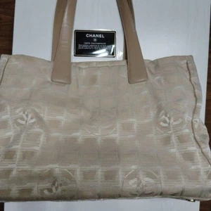 Authentic Chanel New Travel Line Tote Bag Handbag Beige Nylon Jacquard CoCo Mark - Picture 1 of 9