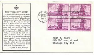 1953 FDC, MASONIC NEW YORK CITY, BLK - Picture 1 of 1