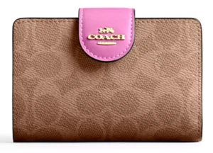 🩷Coach Medium Corner Zip Wallet - CW786 Tan Fuchsia-Pink Signature Canvas - NWT - Picture 1 of 5