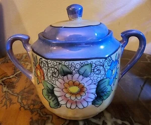 Vtg Lusterware Orange Blue Sugar Bowl Made In Japan  Hand painted Flowers - Picture 1 of 5