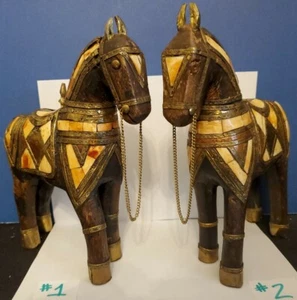 Carved Persian Folk Art Trojan Horse Sculpture Figurine Wood Stone Brass 8" - Picture 1 of 12