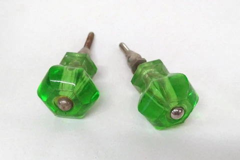 Vintage Green Faceted Glass Drawer Pull Knobs Set of 2 Silver Center Cover