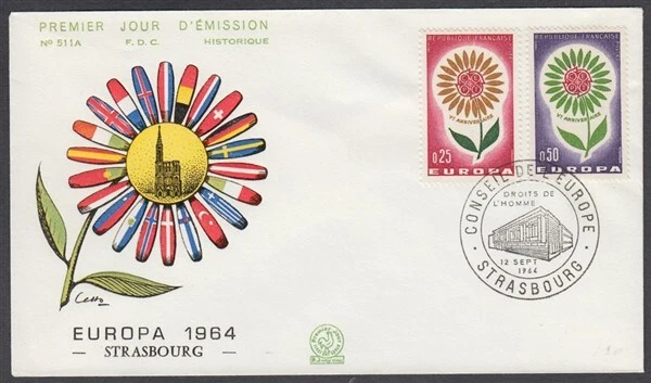 FRANCE 1964 EUROPA CEPT SET ON FDC FLOWER OF FLAGS CACHET (ID:349/D14115) - Image 1 of 1