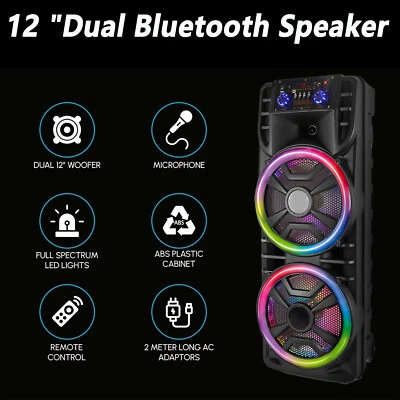 Dual 12'' Portable Bluetooth FM Speaker Subwoofer Heavy Bass Sound Karaoke W/Mic - Image 1 of 4