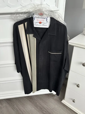 Nat Nast Shirt Men's XL Black Tan Pocket Line Short Sleeve Silk Button Up - Image 1 of 3