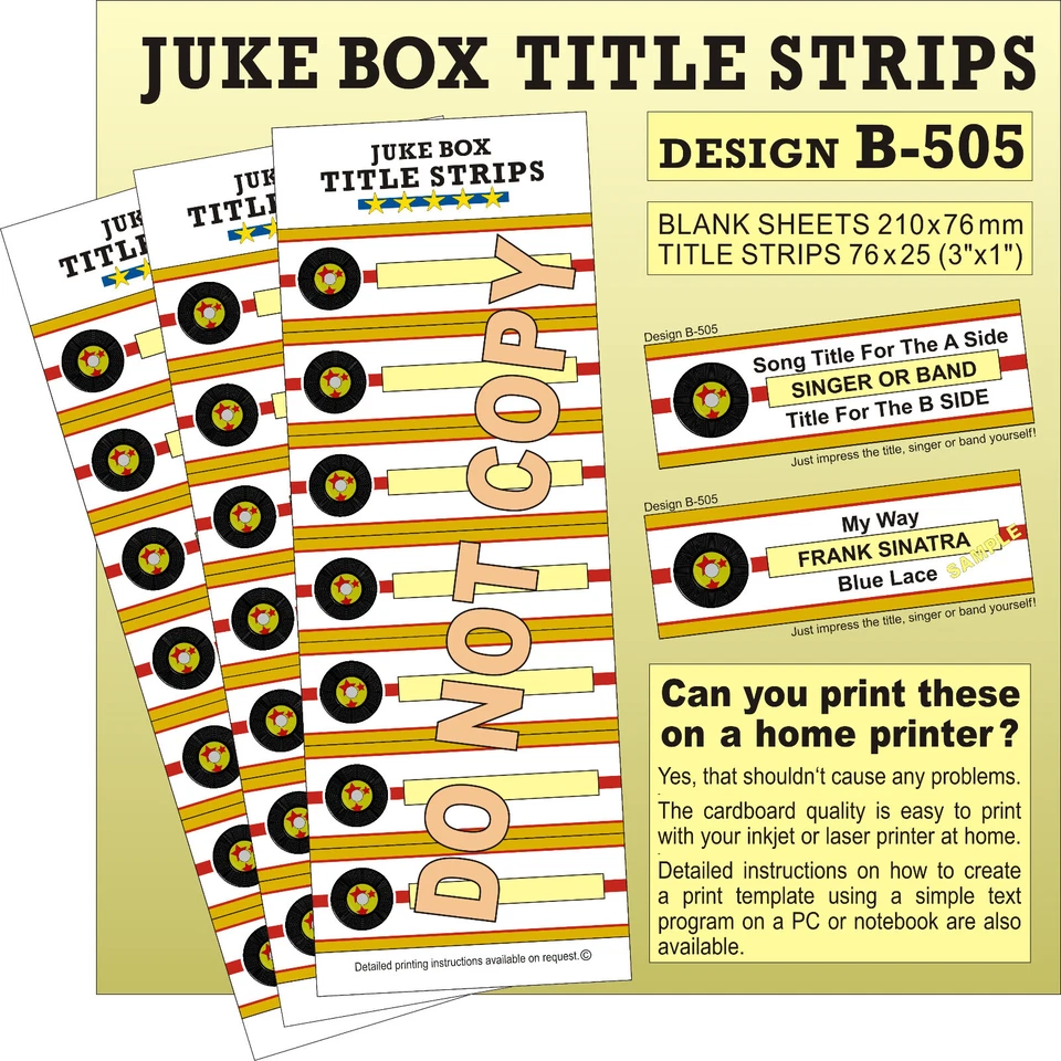 e1-B505) ⭐ 100 Jukebox Titelstreifen Des. VINYL ⭐ TITLE STRIPS + Druckanleitung - Bild 1 von 1