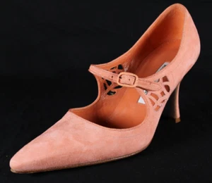 MANOLO BLAHNIK Peach Pink Suede Pointed Toe Mary Jane Heels Pumps 37.5 - Picture 1 of 10