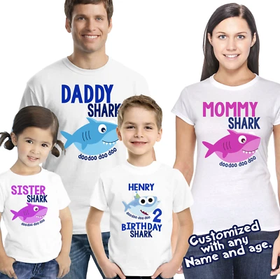 Bebé Tiburón Camisetas Familia Cumpleaños Camisas a Juego Mamá Tiburón Papá Tiburón Foto 1 de 3
