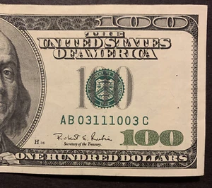 $100 1996 FFN  Fancy Trinary Serial Number : AB 03111003 C B2 District - Picture 1 of 4