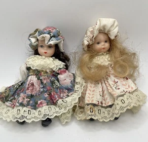 Vintage 5" Porcelain Jointed Dolls Mini Set of 2 Blond & Brunette Show Stopper - Picture 1 of 8