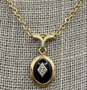 Vintage Sarah Coventry Gold Filled Black Onyx Diamond Pendant Necklace As-Is - Picture 1 of 13