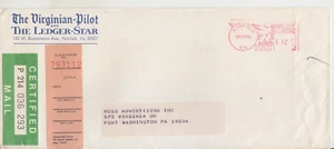 1982 NORFOLK VA $1,12 PB CONTATORE POSTALE SU COPERTINA O'SSIZE CERTIFICATO CON ANNUNCIO GIORNALE - Foto 1 di 2