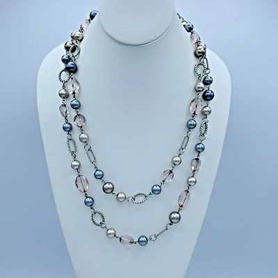 Premier Designs 42 In Silver Tone Pastel Pink And Blue Bead Necklace 4-109 - Image 1 of 4