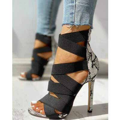 Damenschuhe offene Zehenpartie Schlangenleder Stiletto Bandage hohe Absätze Sandalen Größe - Bild 1 von 4