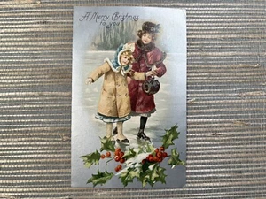 A Merry Christmas To You Eisläufer Mädchen Stechpalme Silber ungeteilt Postkarte - Bild 1 von 2