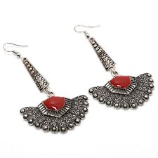 925 Sterling Silver Red Coral Gemstone Handmade Earring Jewelry Size 2.30"