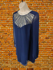 LIPSY NAVY DRESS SIZE UK 10 WOMENS LONG SHEER SLEEVE ZIP UP STRAIGHT EMBELLISHED - Picture 1 of 5