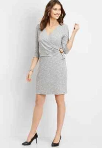 Maurices Dress Womens XL Gray Tortoise Ring Wrap Sheath V Neck Long Sleeve Knit - Picture 1 of 11