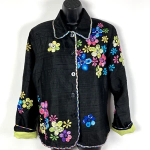 Chaqueta Anage L Seda dupioni Adornada Floral Lentejuelas Arte para Usar Forrada con Botones - Imagen 1 de 10